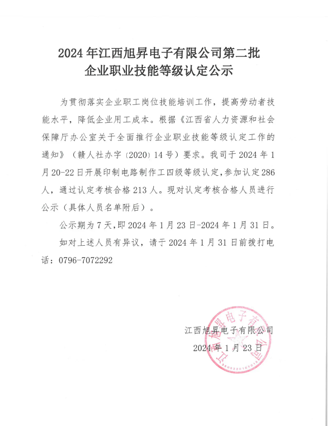 Announcement of the Second Batch of Enterprise Vocational Skill Level Certifications for Jiangxi Xusheng Electronics Co., Ltd. in 2024