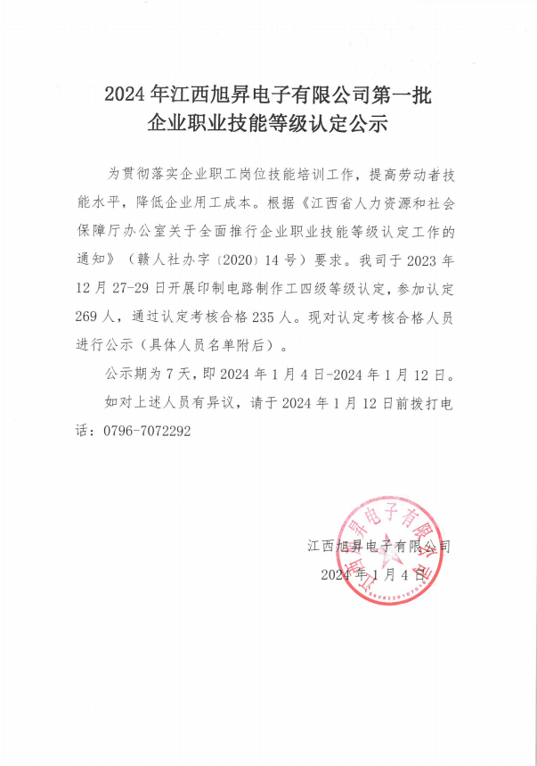Announcement of the First Batch of Enterprise Vocational Skill Level Certifications for Jiangxi Xusheng Electronics Co., Ltd. in 2024